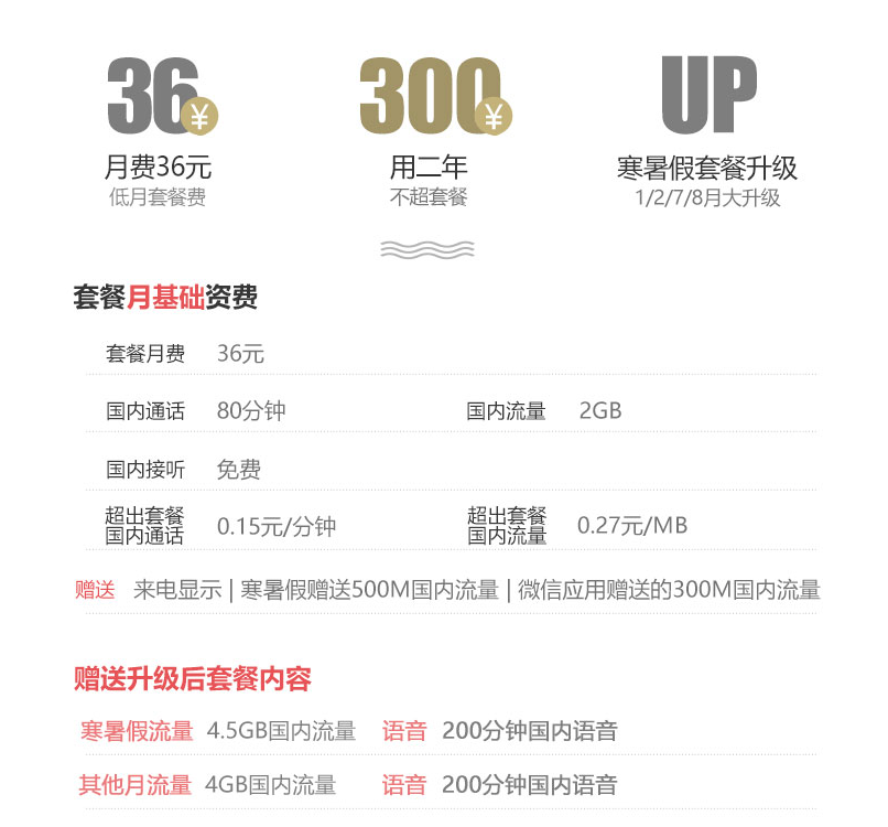 北京联通微信沃派套餐资费 北京联通微信沃派 36元套餐 学霸号 (两年版)300打两年